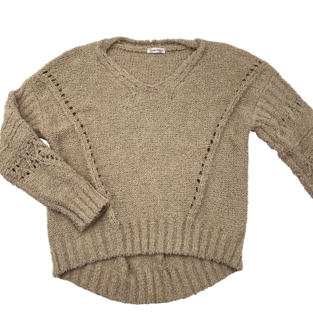 Carole Christian‎ Women's Beige Knit Sweater Medium V-Neck Long Sleeve Pullover